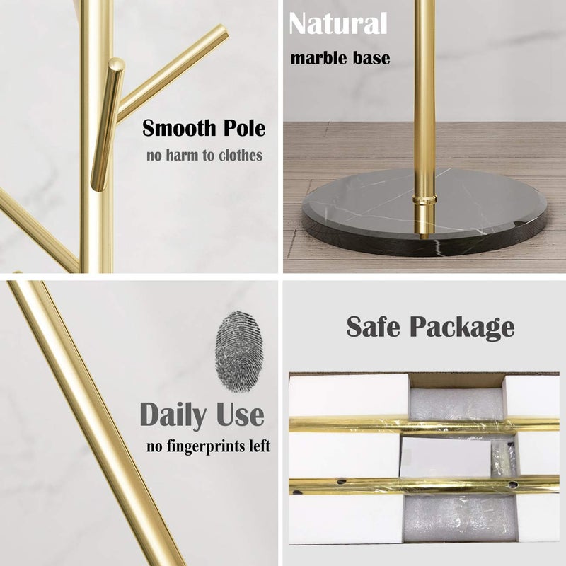 Jolitac Metal Coat Rack Stand Golden Satin Steel Finish Stable Marble Base, High-Grade with Hooks Metal Tree Hat & Coat Hanger Floor Free Standing Wall Bedroom Easy Assembly (Golden) - Image 5
